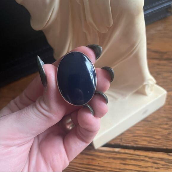Vintage Large Oval DARK Blue Chunky Cabochon 925 Sterling Silver MEXICO Ring - Picture 2 of 16